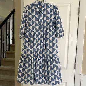 Maeve Blue and White Geometric Midi Dress